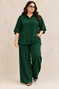 Curve Meenu – Bottle Green Cotton Viscose Woven Shirt & Wide-Leg Trouser Co-ord Set | Zinniars