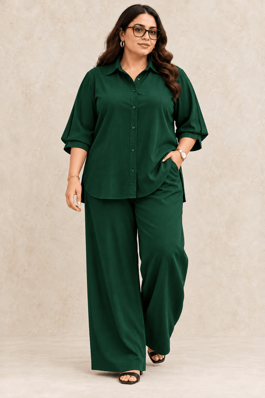 Curve Meenu – Bottle Green Cotton Viscose Woven Shirt & Wide-Leg Trouser Co-ord Set | Zinniars