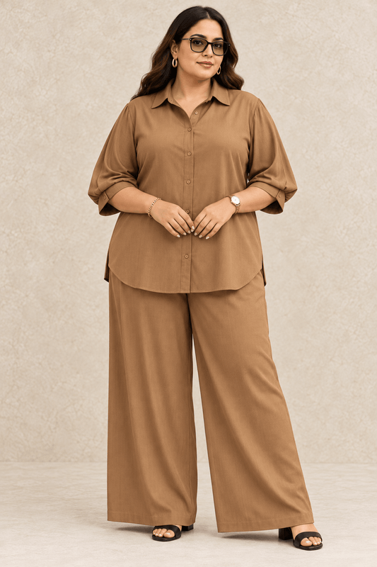 Curve Meenu – Dbeige Cotton Viscose Woven Shirt & Wide-Leg Trouser Co-ord Set| Zinniars