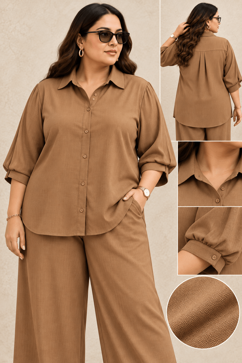 Curve Meenu – Dbeige Cotton Viscose Woven Shirt & Wide-Leg Trouser Co-ord Set| Zinniars