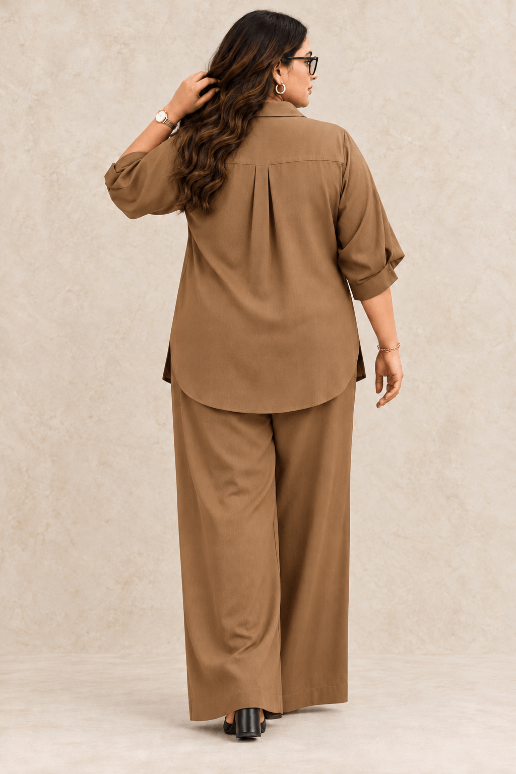 Curve Meenu – Dbeige Cotton Viscose Woven Shirt & Wide-Leg Trouser Co-ord Set| Zinniars