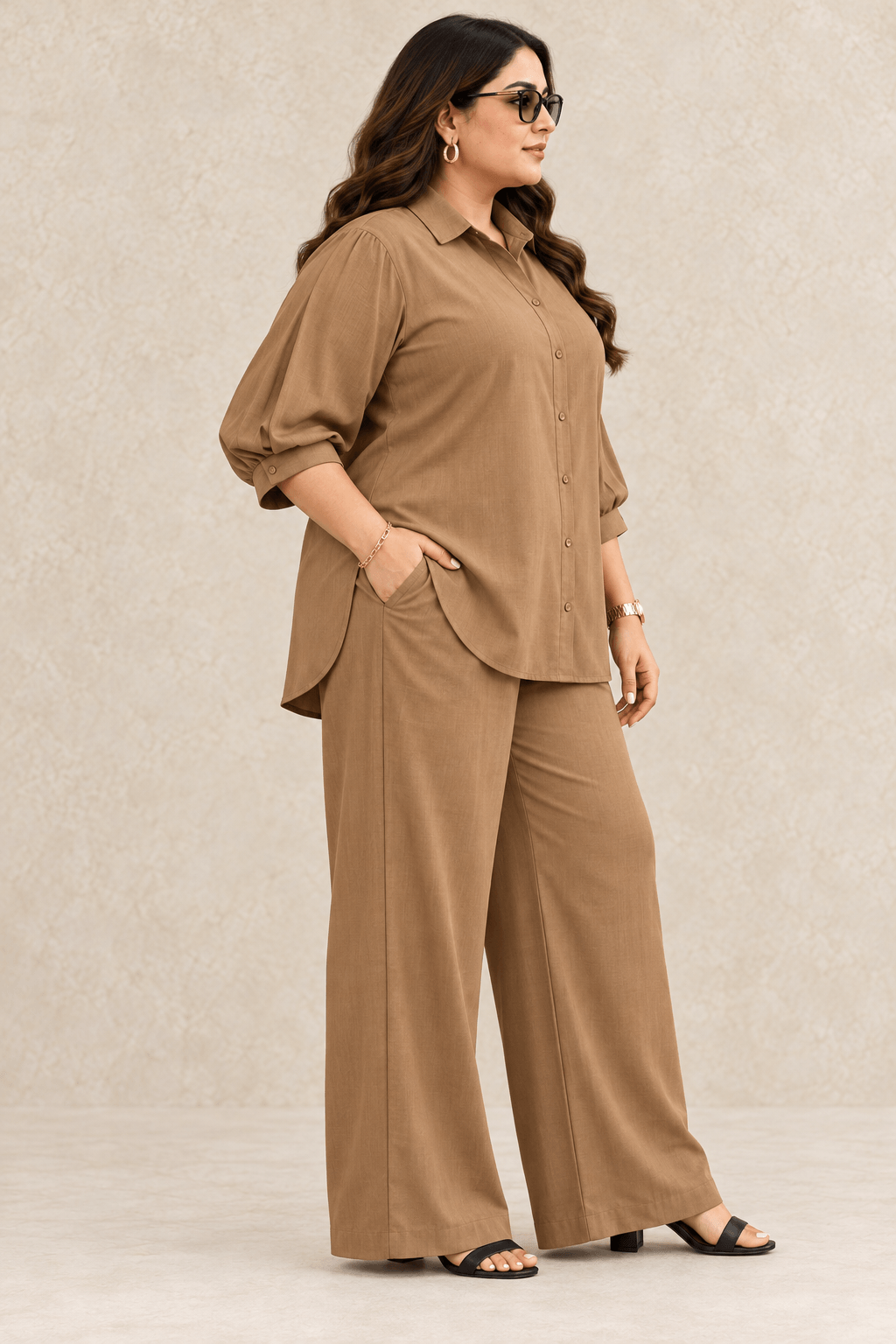 Curve Meenu – Dbeige Cotton Viscose Woven Shirt & Wide-Leg Trouser Co-ord Set| Zinniars