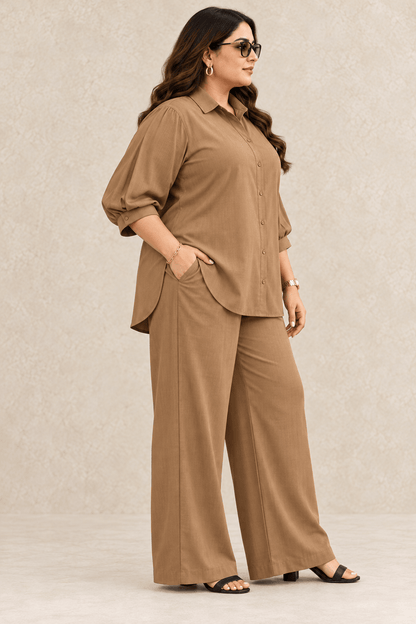 Curve Meenu – Dbeige Cotton Viscose Woven Shirt & Wide-Leg Trouser Co-ord Set| Zinniars