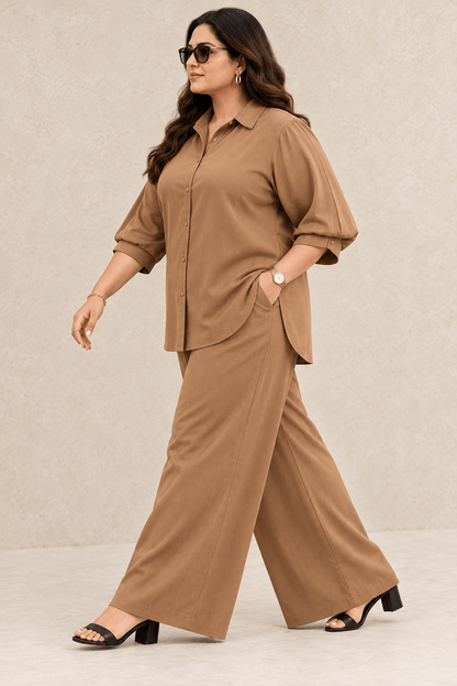 Curve Meenu – Dbeige Cotton Viscose Woven Shirt & Wide-Leg Trouser Co-ord Set| Zinniars