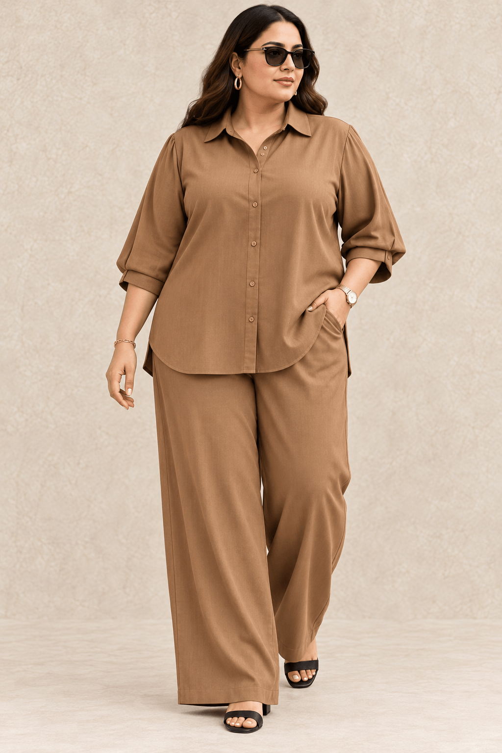 Curve Meenu – Dbeige Cotton Viscose Woven Shirt & Wide-Leg Trouser Co-ord Set| Zinniars