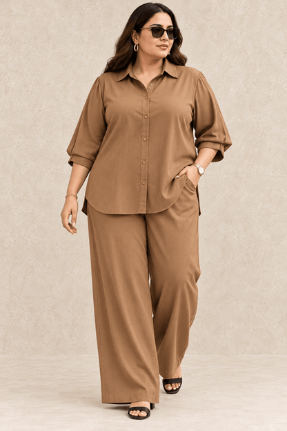Curve Meenu – Dbeige Cotton Viscose Woven Shirt & Wide-Leg Trouser Co-ord Set| Zinniars