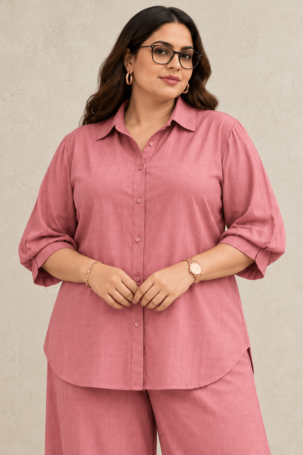 Curve Meenu – D pink Cotton Viscose Woven Shirt & Wide-Leg Trouser Co-ord Set| Zinniars