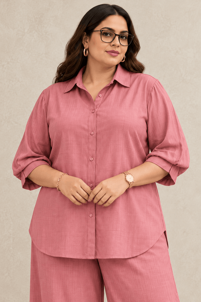 Curve Meenu – D pink Cotton Viscose Woven Shirt & Wide-Leg Trouser Co-ord Set| Zinniars