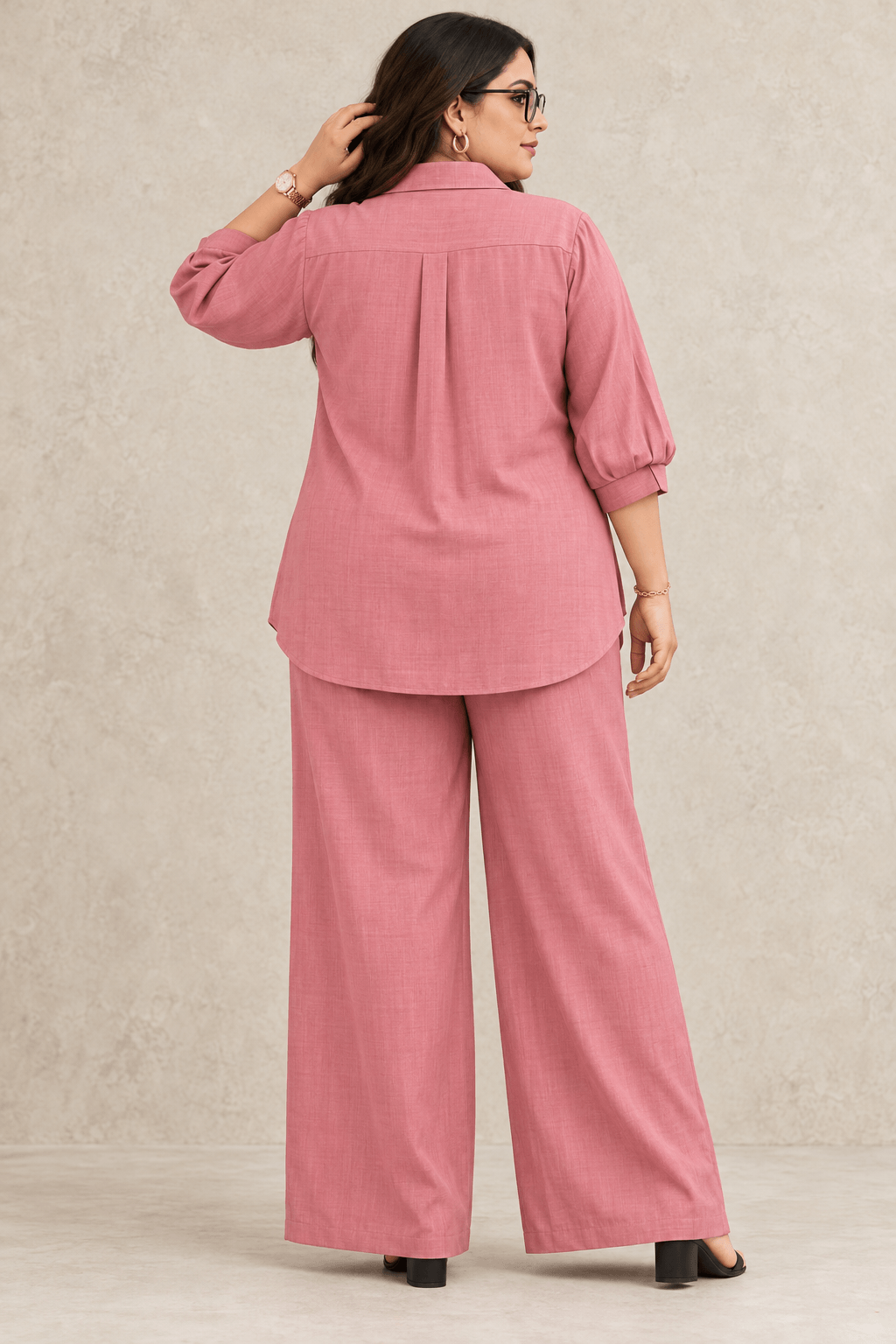 Curve Meenu – D pink Cotton Viscose Woven Shirt & Wide-Leg Trouser Co-ord Set| Zinniars