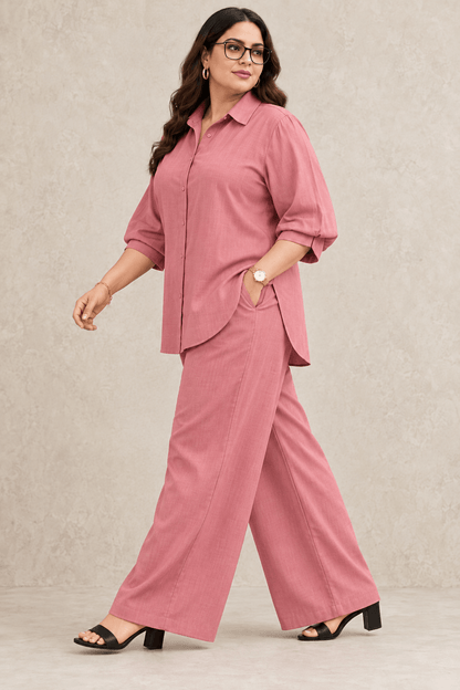 Curve Meenu – D pink Cotton Viscose Woven Shirt & Wide-Leg Trouser Co-ord Set| Zinniars