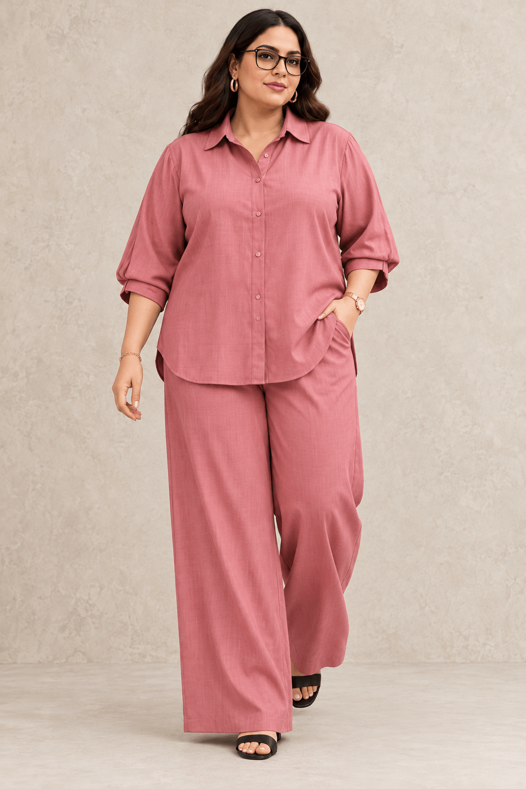 Curve Meenu – D pink Cotton Viscose Woven Shirt & Wide-Leg Trouser Co-ord Set| Zinniars