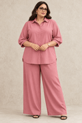 Curve Meenu – D pink Cotton Viscose Woven Shirt & Wide-Leg Trouser Co-ord Set| Zinniars