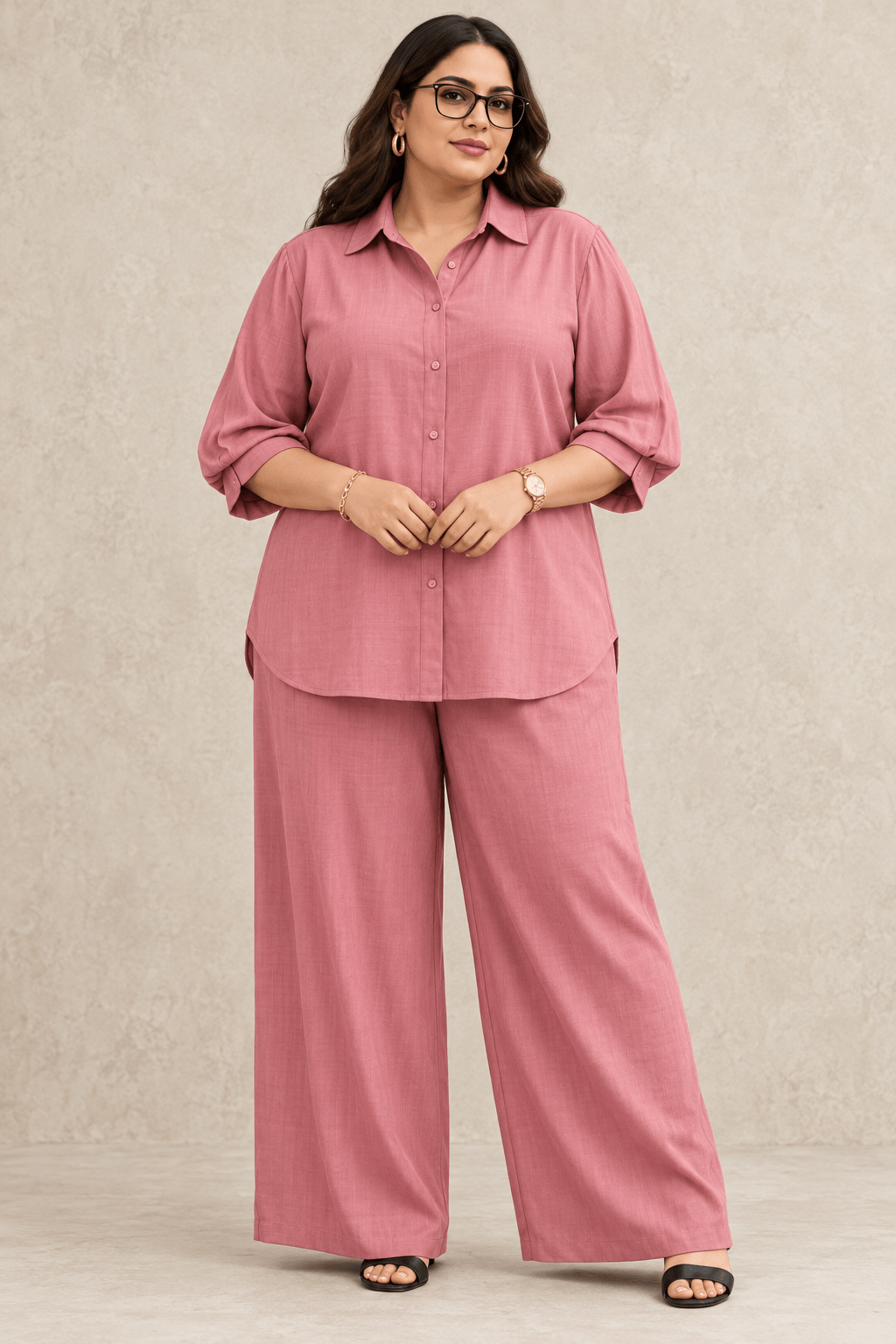 Curve Meenu – D pink Cotton Viscose Woven Shirt & Wide-Leg Trouser Co-ord Set| Zinniars