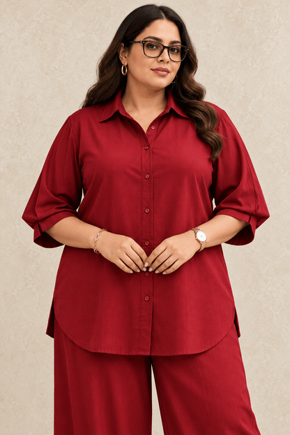 Curve Meenu – Maroon Cotton Viscose Woven Shirt & Wide-Leg Trouser Co-ord Set| Zinniars