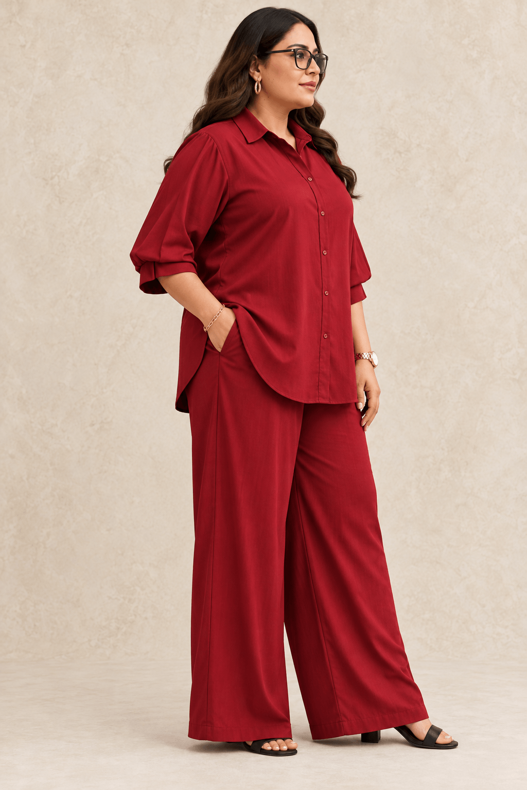 Curve Meenu – Maroon Cotton Viscose Woven Shirt & Wide-Leg Trouser Co-ord Set| Zinniars