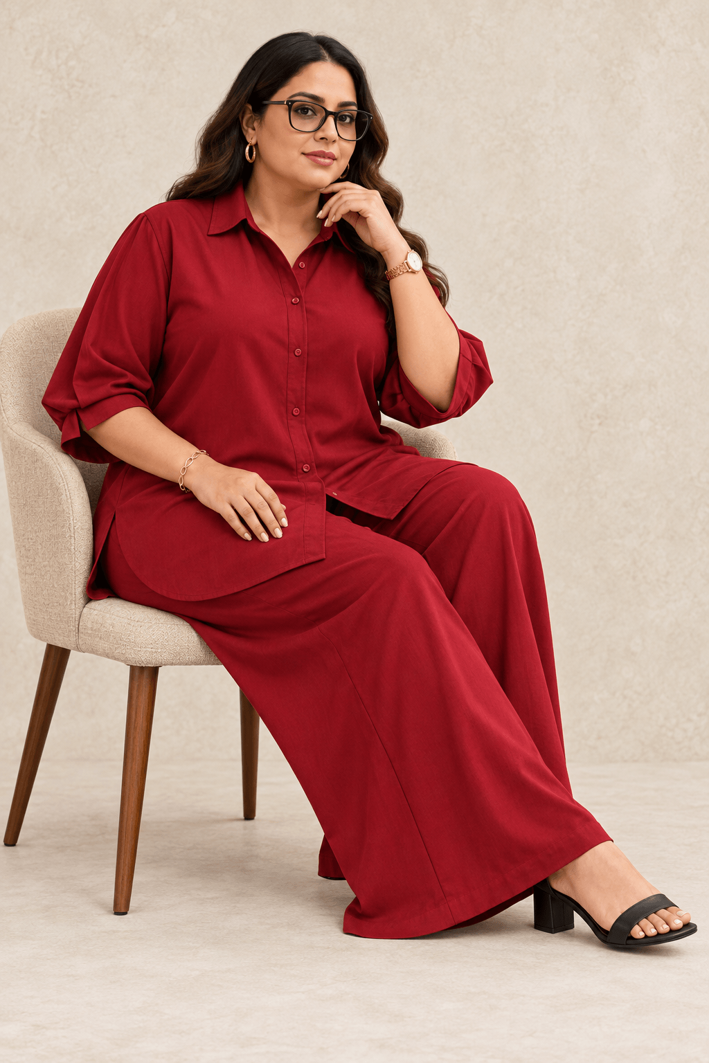 Curve Meenu – Maroon Cotton Viscose Woven Shirt & Wide-Leg Trouser Co-ord Set| Zinniars