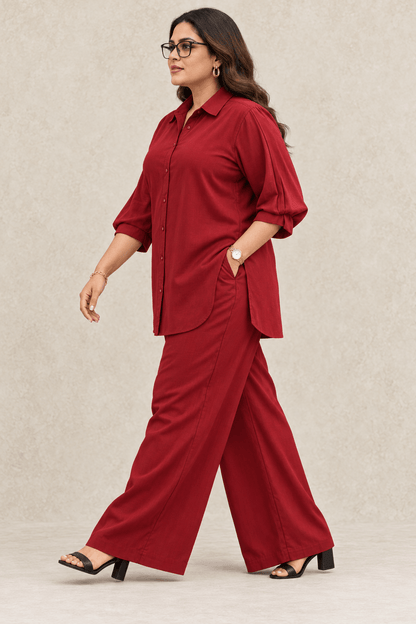 Curve Meenu – Maroon Cotton Viscose Woven Shirt & Wide-Leg Trouser Co-ord Set| Zinniars