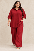 Curve Meenu – Maroon Cotton Viscose Woven Shirt & Wide-Leg Trouser Co-ord Set| Zinniars
