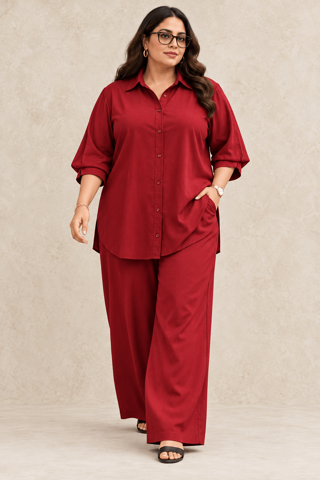 Curve Meenu – Maroon Cotton Viscose Woven Shirt & Wide-Leg Trouser Co-ord Set| Zinniars