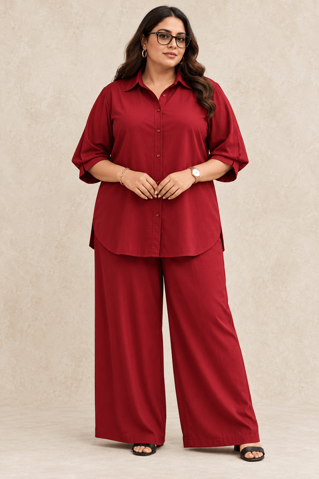 Curve Meenu – Maroon Cotton Viscose Woven Shirt & Wide-Leg Trouser Co-ord Set| Zinniars