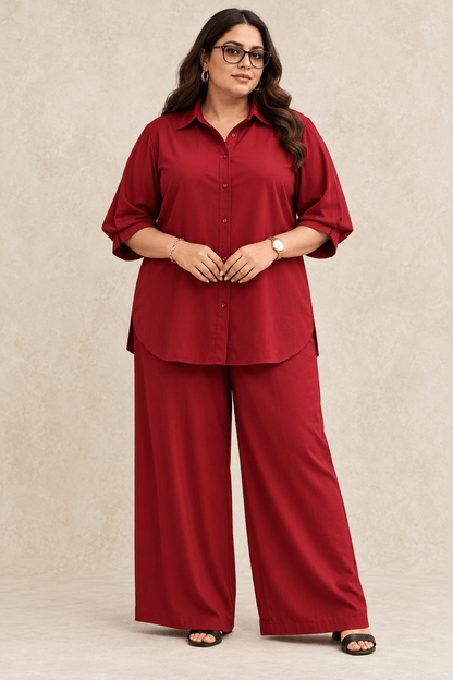 Curve Meenu – Maroon Cotton Viscose Woven Shirt & Wide-Leg Trouser Co-ord Set| Zinniars