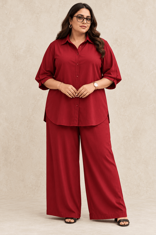Curve Meenu – Maroon Cotton Viscose Woven Shirt & Wide-Leg Trouser Co-ord Set| Zinniars