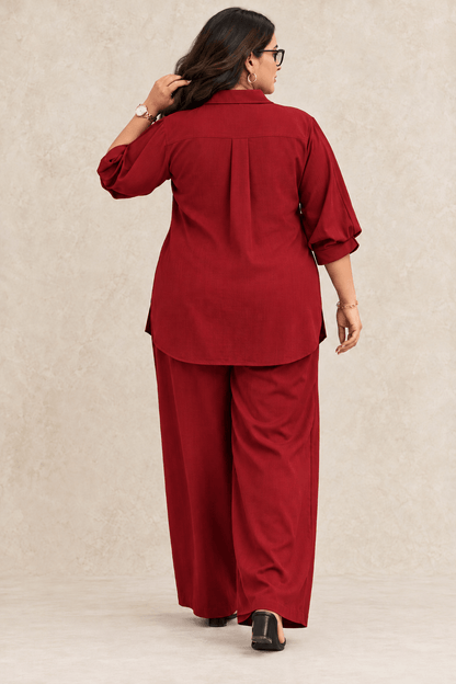 Curve Meenu – Maroon Cotton Viscose Woven Shirt & Wide-Leg Trouser Co-ord Set| Zinniars