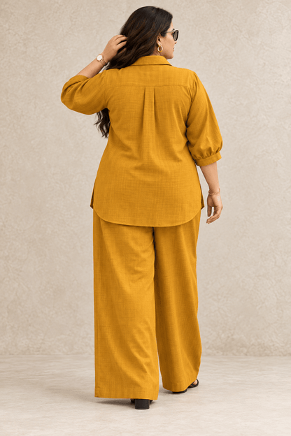Curve Meenu –Mustard Cotton Viscose Woven Shirt & Wide-Leg Trouser Co-ord Set| Zinniars