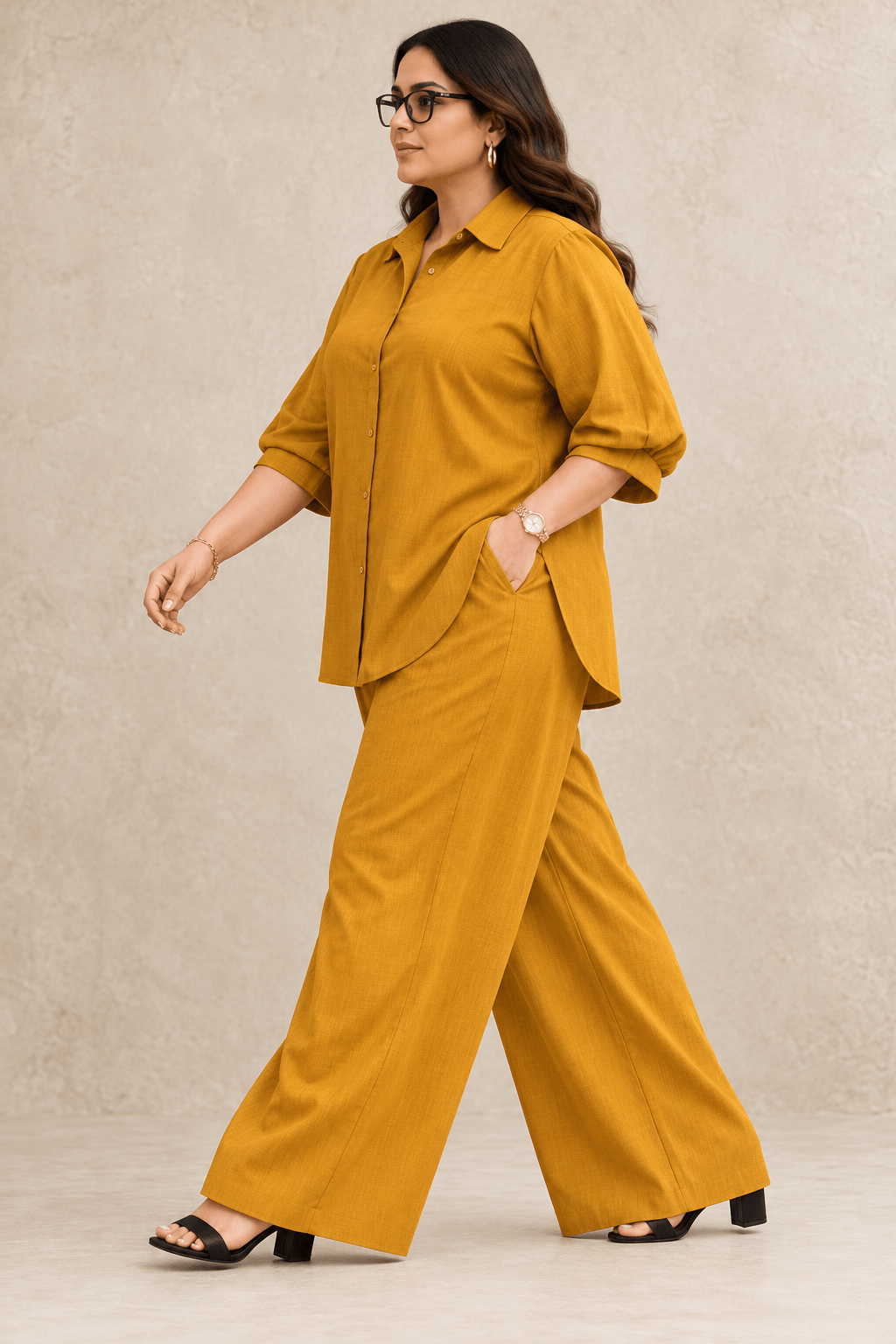 Curve Meenu –Mustard Cotton Viscose Woven Shirt & Wide-Leg Trouser Co-ord Set| Zinniars