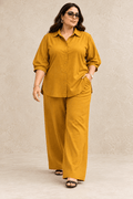 Curve Meenu –Mustard Cotton Viscose Woven Shirt & Wide-Leg Trouser Co-ord Set| Zinniars