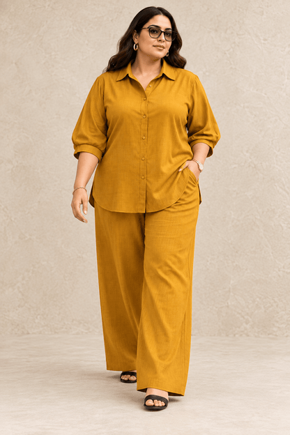 Curve Meenu –Mustard Cotton Viscose Woven Shirt & Wide-Leg Trouser Co-ord Set| Zinniars