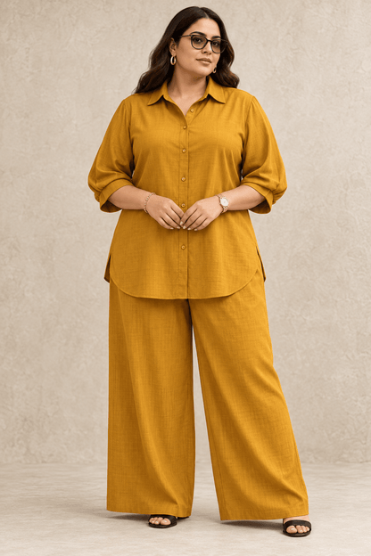 Curve Meenu –Mustard Cotton Viscose Woven Shirt & Wide-Leg Trouser Co-ord Set| Zinniars