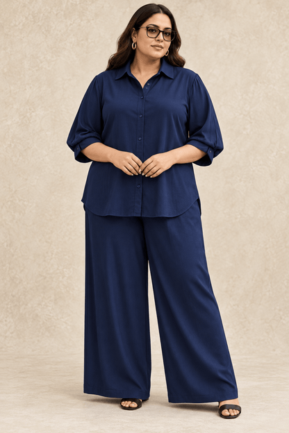 Curve Meenu – Navy Cotton Viscose Woven Shirt & Wide-Leg Trouser Co-ord Set| Zinniars