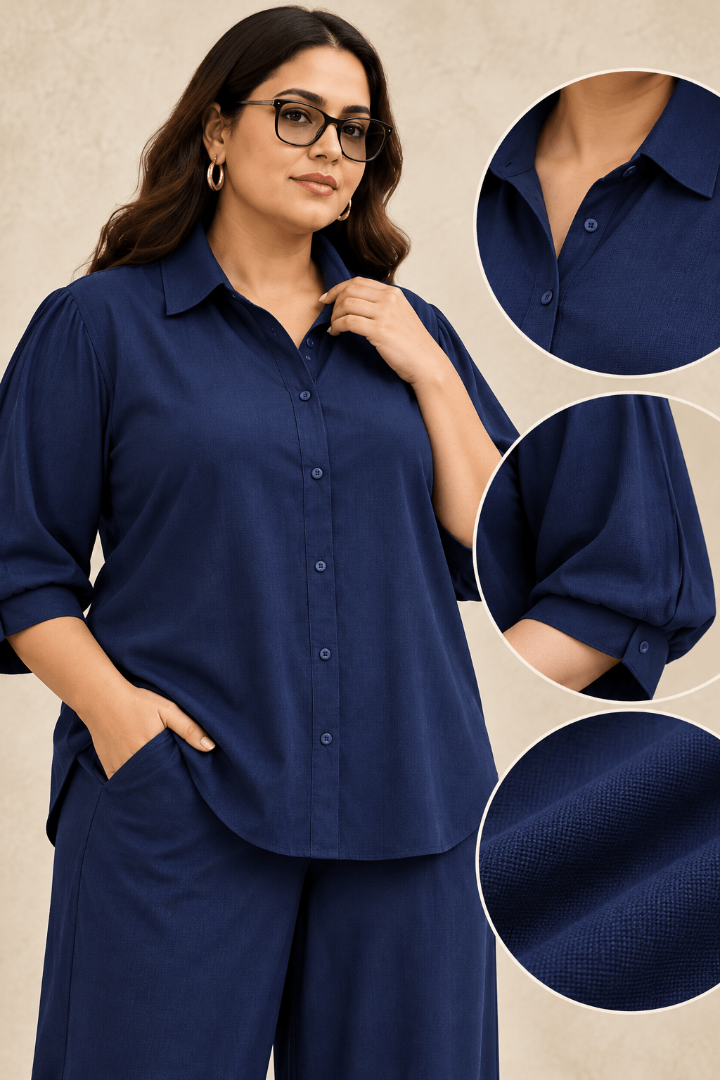 Curve Meenu – Navy Cotton Viscose Woven Shirt & Wide-Leg Trouser Co-ord Set| Zinniars