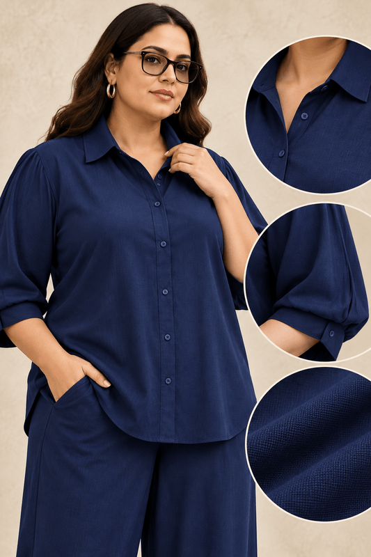 Curve Meenu – Navy Cotton Viscose Woven Shirt & Wide-Leg Trouser Co-ord Set| Zinniars