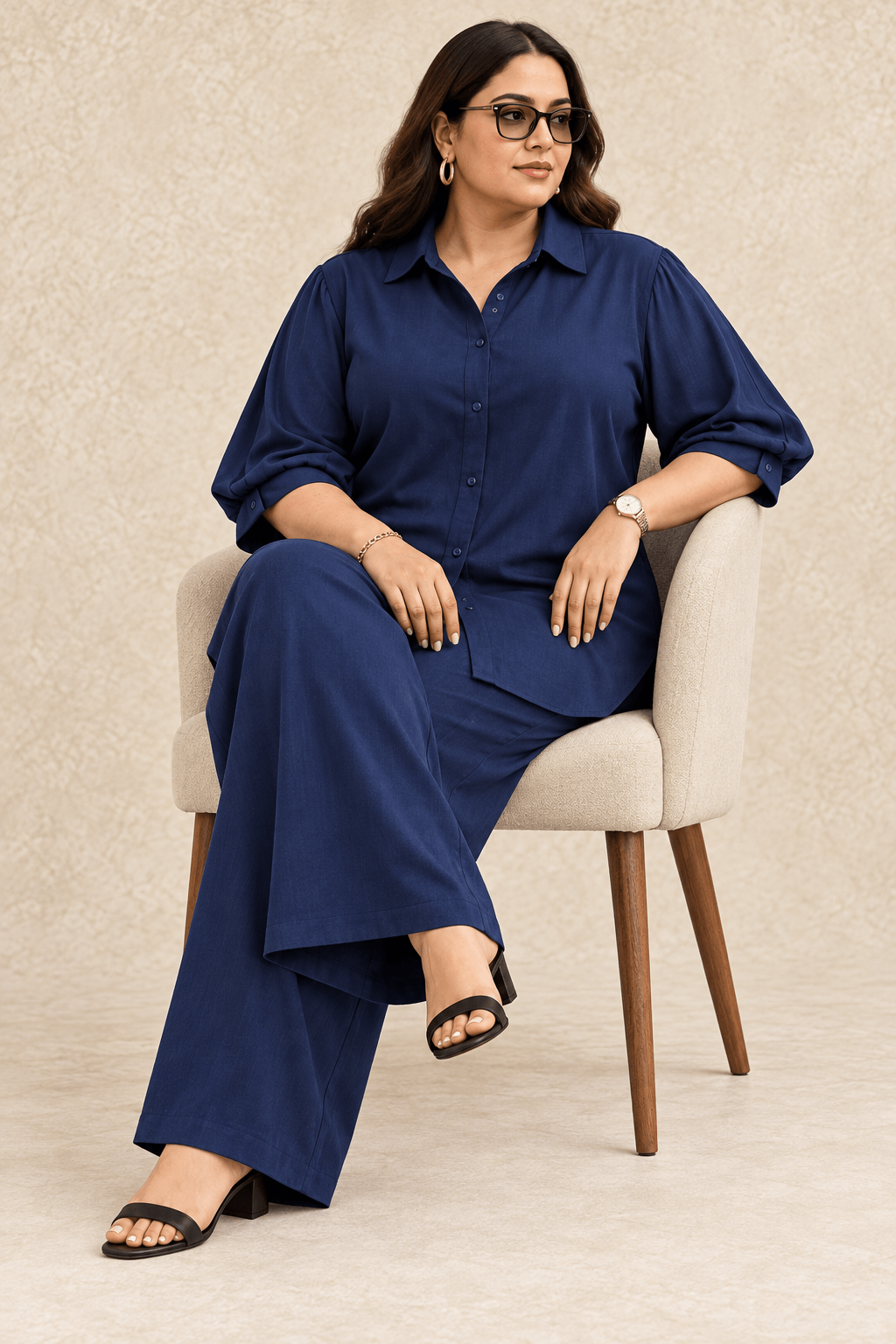 Curve Meenu – Navy Cotton Viscose Woven Shirt & Wide-Leg Trouser Co-ord Set| Zinniars