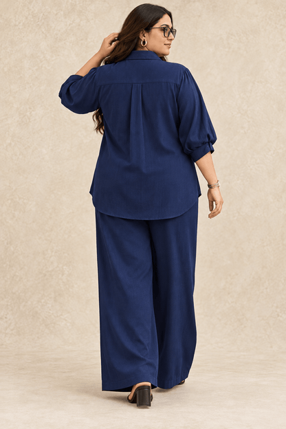 Curve Meenu – Navy Cotton Viscose Woven Shirt & Wide-Leg Trouser Co-ord Set| Zinniars