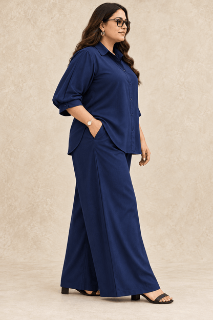 Curve Meenu – Navy Cotton Viscose Woven Shirt & Wide-Leg Trouser Co-ord Set| Zinniars