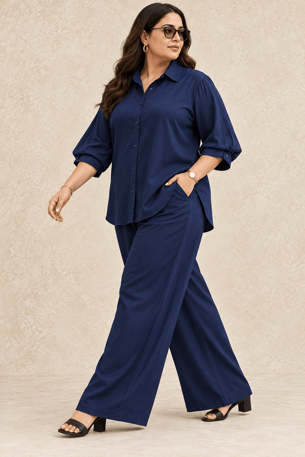 Curve Meenu – Navy Cotton Viscose Woven Shirt & Wide-Leg Trouser Co-ord Set| Zinniars