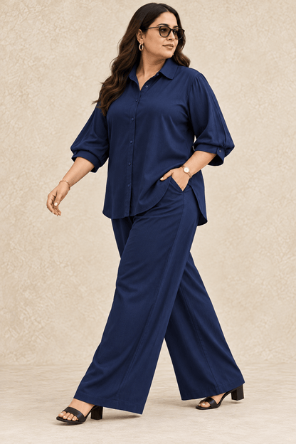Curve Meenu – Navy Cotton Viscose Woven Shirt & Wide-Leg Trouser Co-ord Set| Zinniars