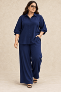 Curve Meenu – Navy Cotton Viscose Woven Shirt & Wide-Leg Trouser Co-ord Set| Zinniars