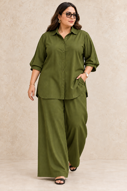 Curve Meenu – OG Cotton Viscose Woven Shirt & Wide-Leg Trouser Co-ord Set| Zinniars
