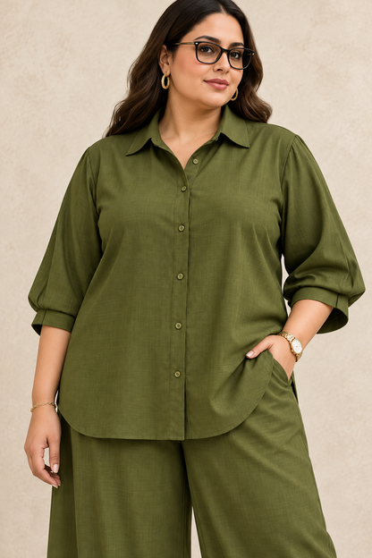 Curve Meenu – OG Cotton Viscose Woven Shirt & Wide-Leg Trouser Co-ord Set| Zinniars