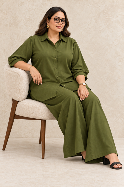 Curve Meenu – OG Cotton Viscose Woven Shirt & Wide-Leg Trouser Co-ord Set| Zinniars