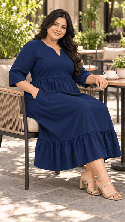 Bani Navy Blue Cotton Viscose Curve Midi Dress