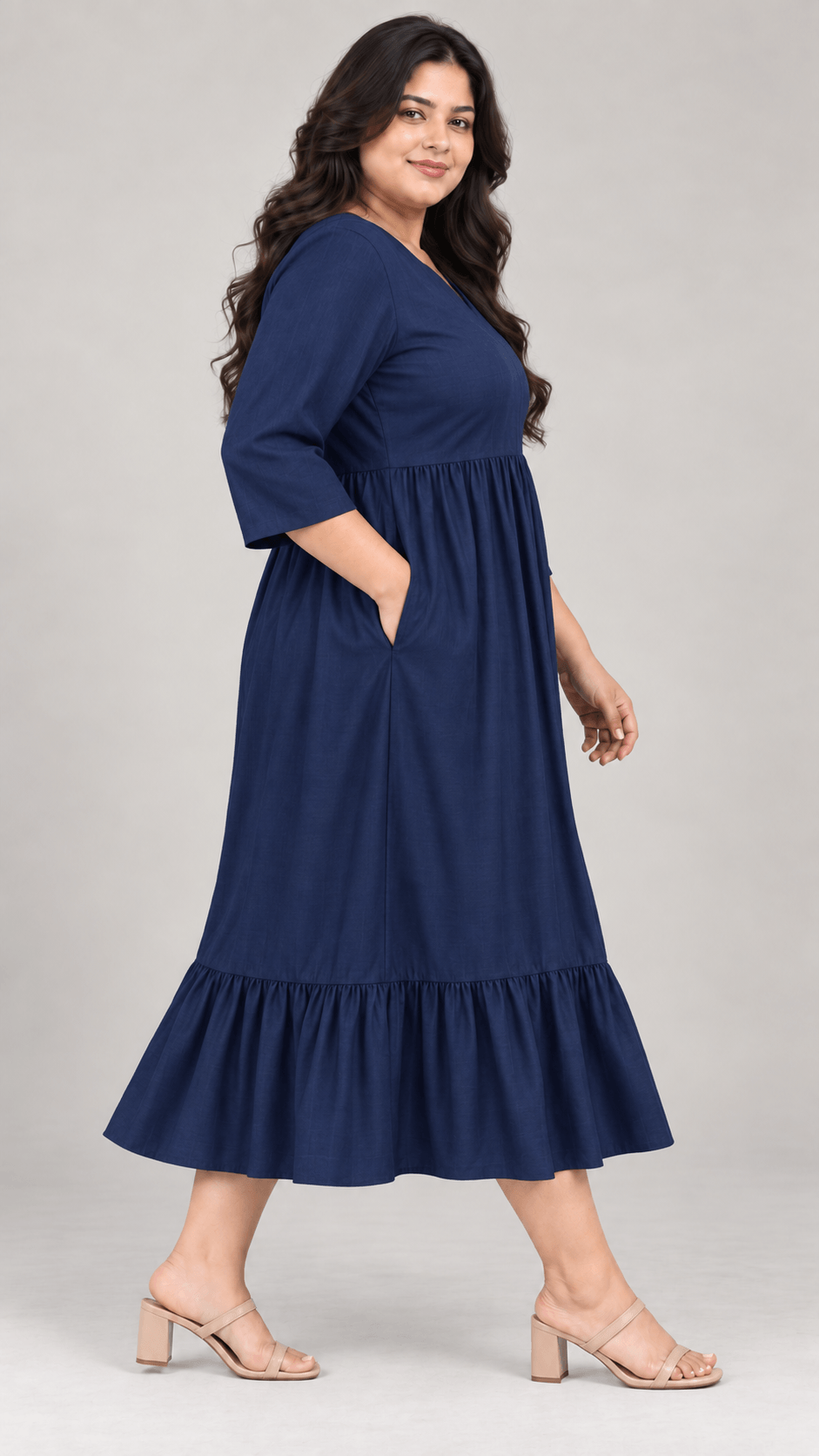 Bani Navy Blue Cotton Viscose Curve Midi Dress