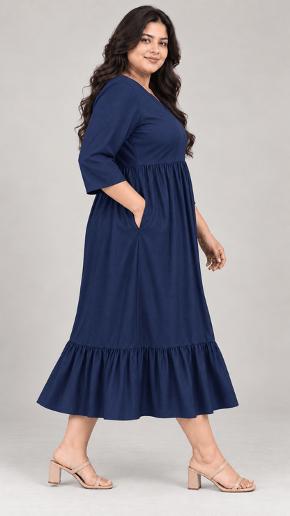 Bani Navy Blue Cotton Viscose Curve Midi Dress