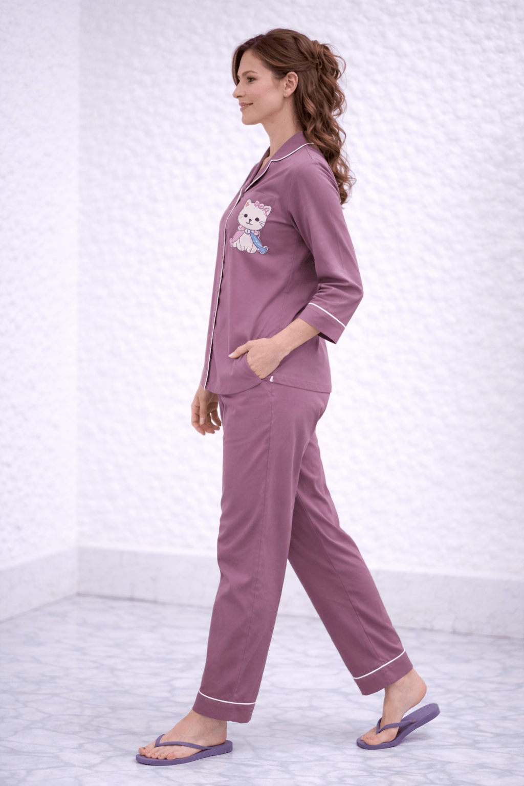 Karishma Dusty Mauve Cotton Satin Kitty Print Co-ord Set for Women