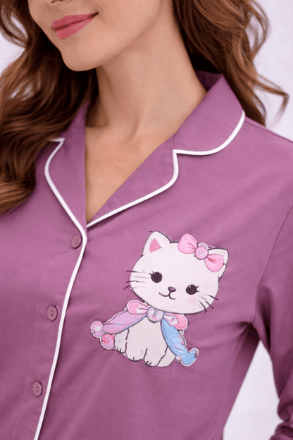 Karishma Dusty Mauve Cotton Satin Kitty Print Co-ord Set for Women