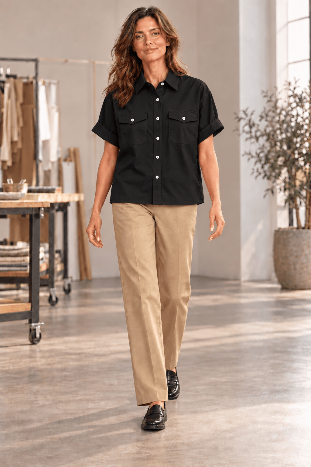 Katherine Black Cotton Poplin Utility Short Sleeve Shirt